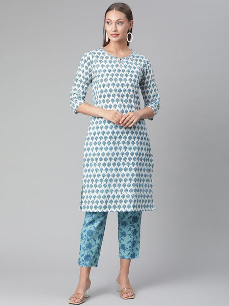 Wahe-NOOR Women's White Cotton Kurta Pant Set - Distacart