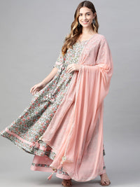 Thumbnail for Wahe-NOOR Women's Pastel Blue Floral Anarkali Cotton Kurta Palazzo Set With Dupatta - Distacart