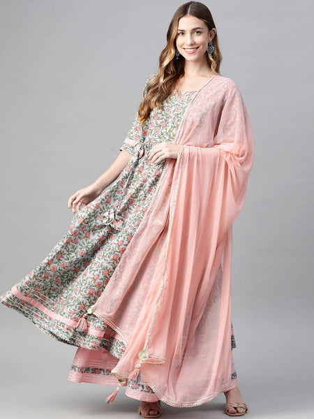 Wahe-NOOR Women's Pastel Blue Floral Anarkali Cotton Kurta Palazzo Set With Dupatta - Distacart