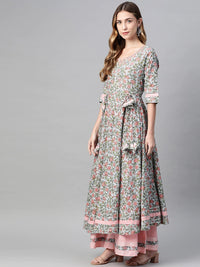 Thumbnail for Wahe-NOOR Women's Pastel Blue Floral Anarkali Cotton Kurta Palazzo Set With Dupatta - Distacart
