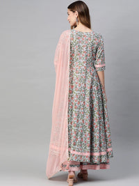 Thumbnail for Wahe-NOOR Women's Pastel Blue Floral Anarkali Cotton Kurta Palazzo Set With Dupatta - Distacart