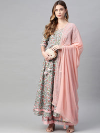 Thumbnail for Wahe-NOOR Women's Pastel Blue Floral Anarkali Cotton Kurta Palazzo Set With Dupatta - Distacart