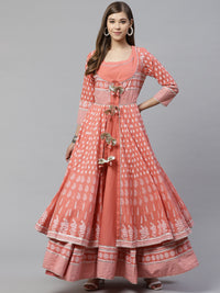 Thumbnail for Wahe-NOOR Women's Pink Double Layered Cotton Kurta With Jacket Plus Size - Distacart