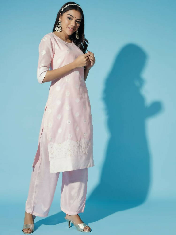Myshka Women Pink Embroidered Kurta & Trousers With Dupatta - Distacart