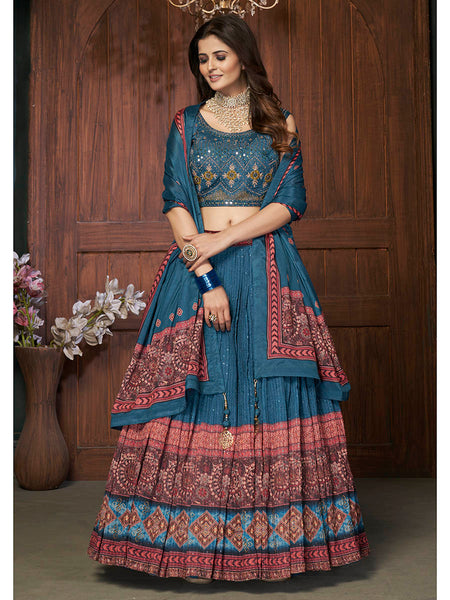 Myra Aequa blue Chinon Embroidered Designer Lehenga - Distacart
