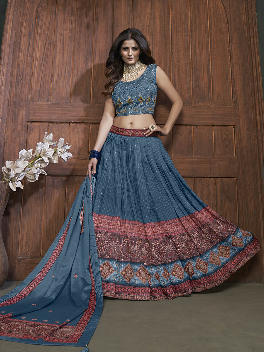 Myra Aequa blue Chinon Embroidered Designer Lehenga - Distacart