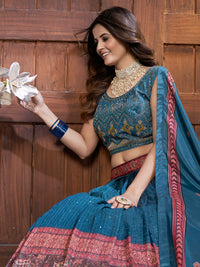Thumbnail for Myra Aequa blue Chinon Embroidered Designer Lehenga - Distacart