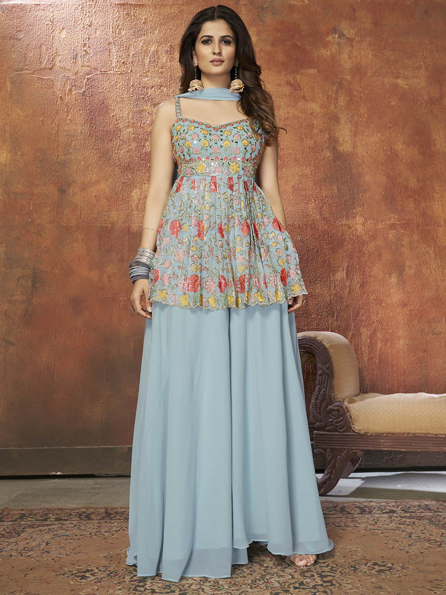 Myra Blue Georgette Embroidered Designer Suit - Distacart