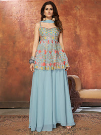Thumbnail for Myra Blue Georgette Embroidered Designer Suit - Distacart