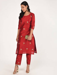 Thumbnail for Cheera Women's Beautiful Hand Embroidered Motif All-Over Straight Silk Kurta Set (CH069K) - Distacart