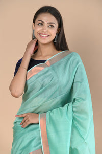 Thumbnail for Very Much Indian Handloom Cotton Silk Saree With Sleek Golden Border - teal green - Distacart