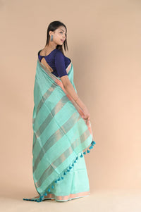 Thumbnail for Very Much Indian Handloom Cotton Silk Saree With Sleek Golden Border - teal green - Distacart