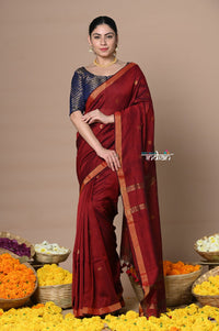 Thumbnail for Very Much Indian Designed by VMI - High Quality Mul Cotton Handloom Woven with Sleek Border and Flower Buttis - Maroon - Distacart