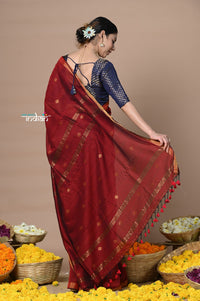Thumbnail for Very Much Indian Designed by VMI - High Quality Mul Cotton Handloom Woven with Sleek Border and Flower Buttis - Maroon - Distacart