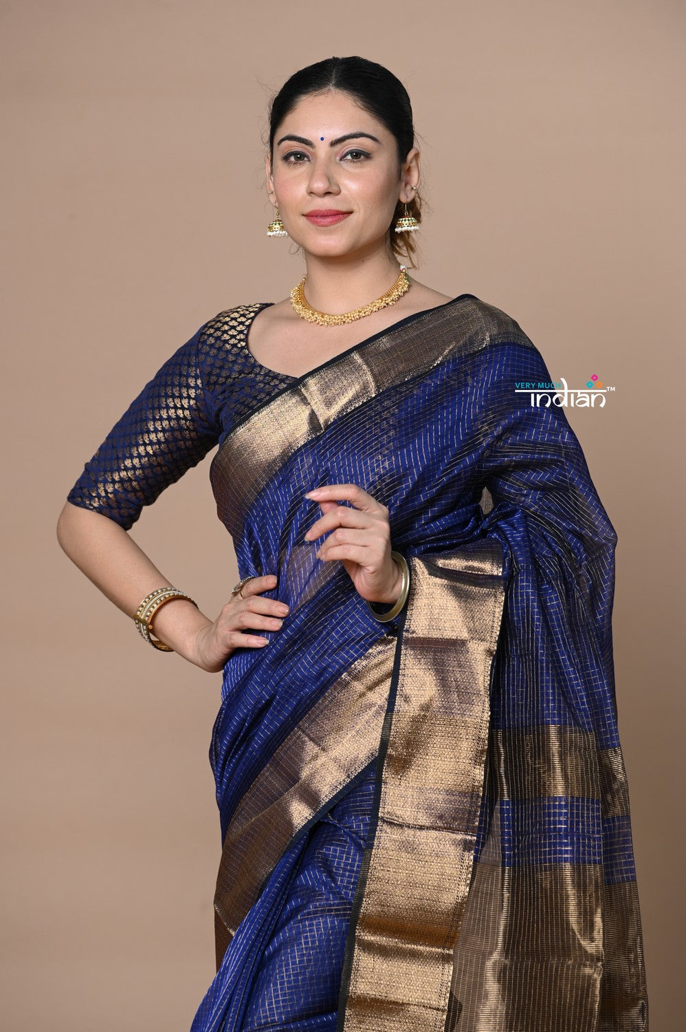 Very Much Indian Rajsi - Handloom Ari Checks Cotton Silk Saree with Golden Border - Dark Blue - Distacart