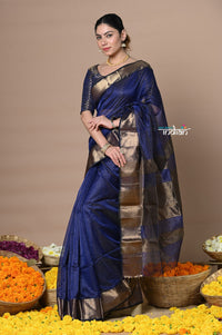 Thumbnail for Very Much Indian Rajsi - Handloom Ari Checks Cotton Silk Saree with Golden Border - Dark Blue - Distacart