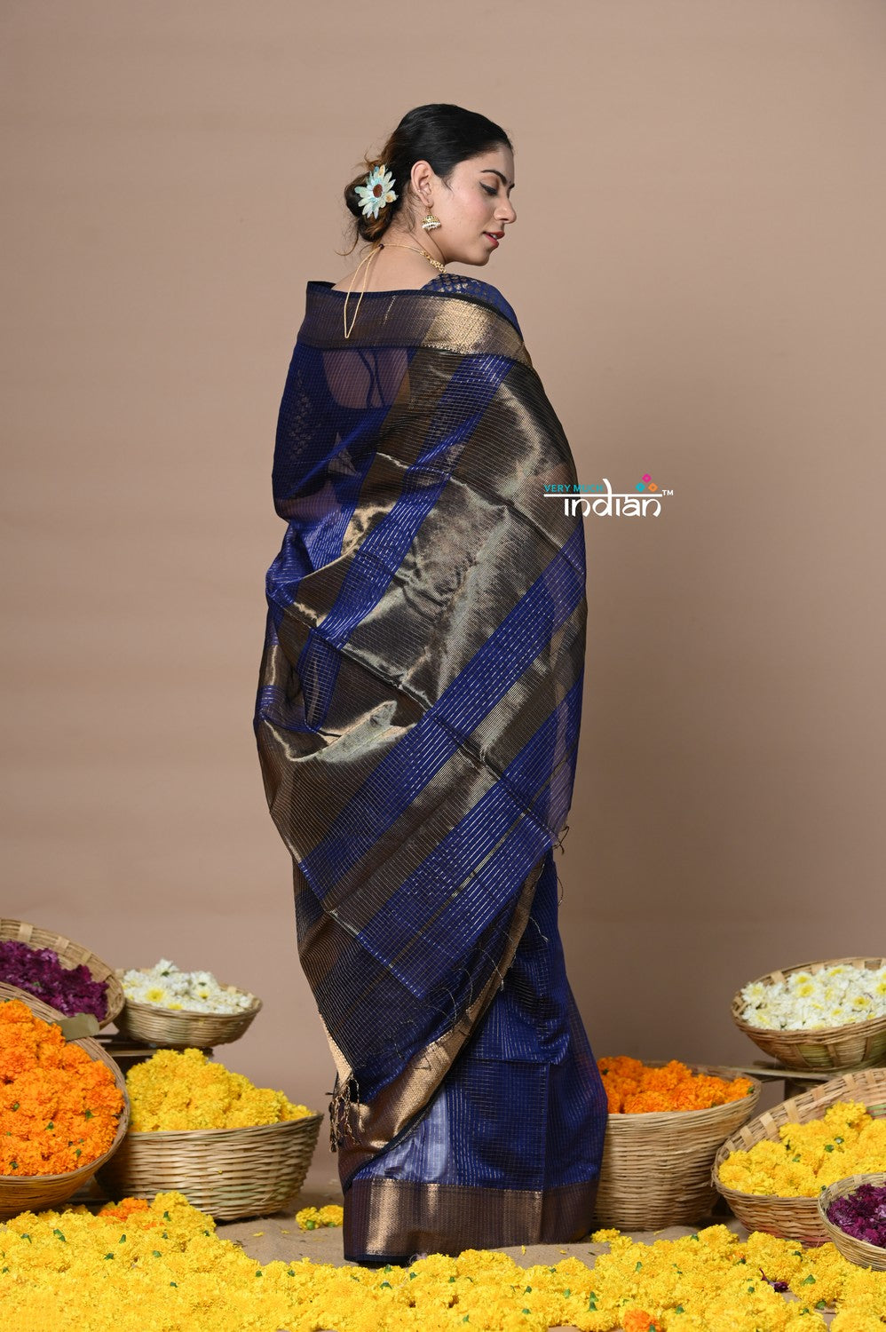 Very Much Indian Rajsi - Handloom Ari Checks Cotton Silk Saree with Golden Border - Dark Blue - Distacart