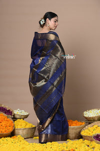 Thumbnail for Very Much Indian Rajsi - Handloom Ari Checks Cotton Silk Saree with Golden Border - Dark Blue - Distacart