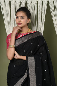 Thumbnail for Very Much Indian EXCLUSIVE! Silver Zari Handloom Pure Cotton Paithani with Peacock Pallu in Black - Distacart