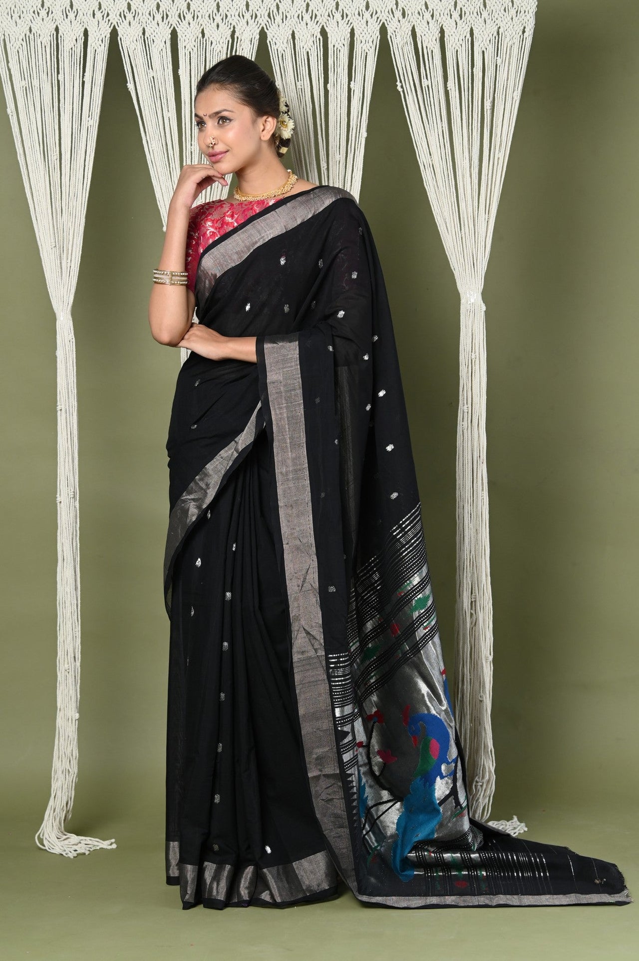 Very Much Indian EXCLUSIVE! Silver Zari Handloom Pure Cotton Paithani with Peacock Pallu in Black - Distacart
