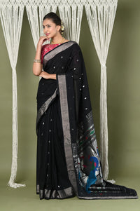 Thumbnail for Very Much Indian EXCLUSIVE! Silver Zari Handloom Pure Cotton Paithani with Peacock Pallu in Black - Distacart