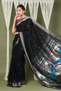 Thumbnail for Very Much Indian EXCLUSIVE! Silver Zari Handloom Pure Cotton Paithani with Peacock Pallu in Black - Distacart
