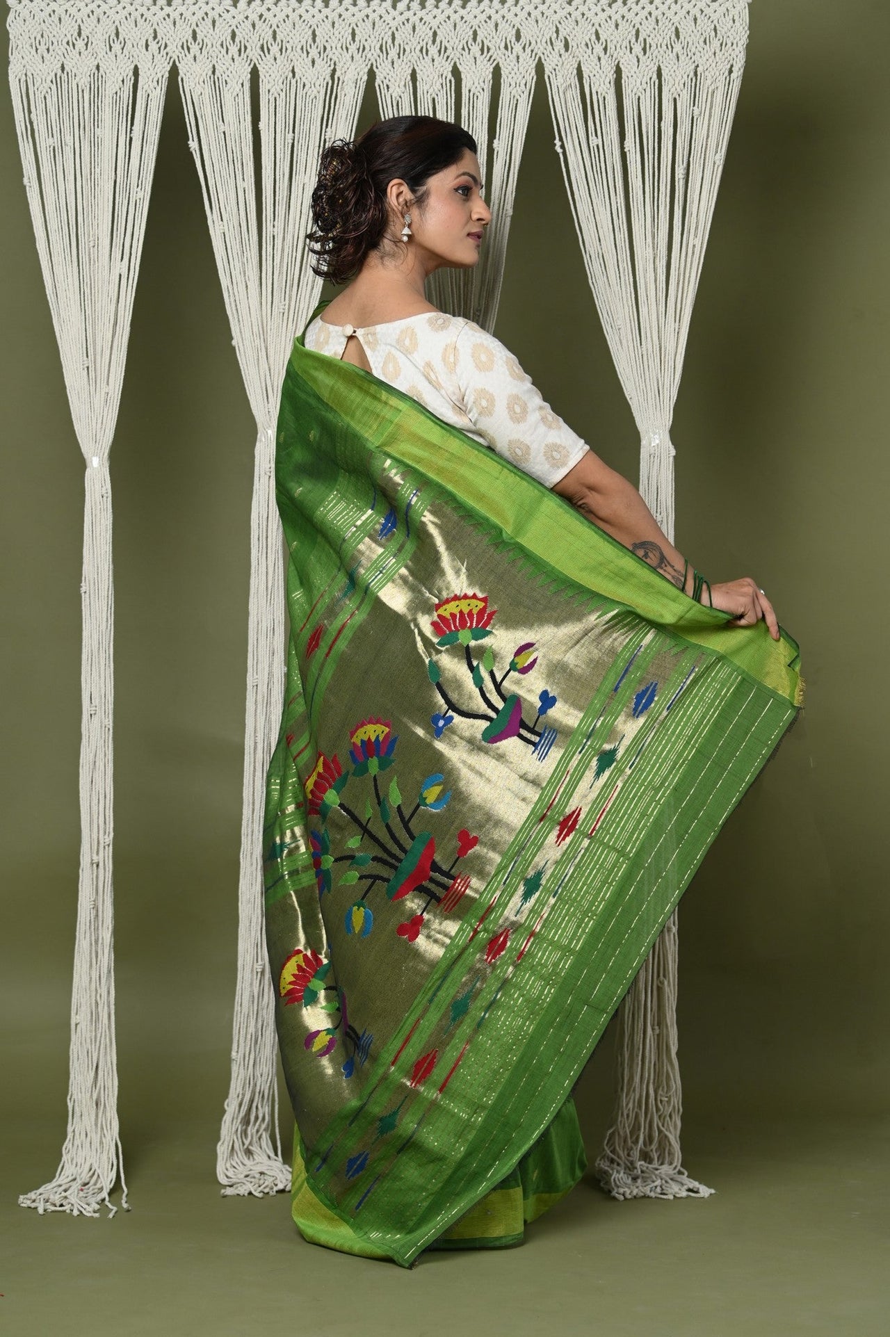 Very Much Indian EXCLUSIVE! Handloom Pure Cotton Paithani With Peacock Pallu - Blade Green - Distacart