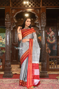 Thumbnail for Very Much Indian Handloom Cotton Viscose Ilkal Saree With Pure Resham Pallu - Bright Grey With Red Border - Distacart