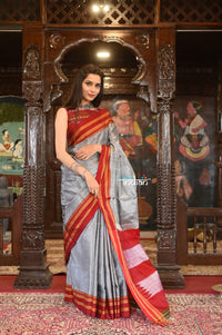 Thumbnail for Very Much Indian Handloom Cotton Viscose Ilkal Saree With Pure Resham Pallu - Bright Grey With Red Border - Distacart