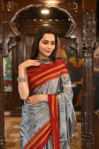 Thumbnail for Very Much Indian Handloom Cotton Viscose Ilkal Saree With Pure Resham Pallu - Bright Grey With Red Border - Distacart