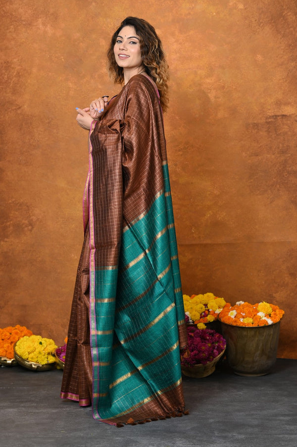 Very Much Indian Designed By VMI - Handloom Pure Tussar Silk Saree With Sleek Border - Brown - Distacart