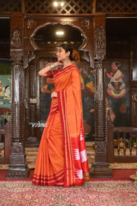 Thumbnail for Very Much Indian Handloom Cotton Viscose Ilkal Saree With Pure Resham Pallu - Bright Orange With Red Border - Distacart