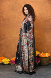 Thumbnail for Very Much Indian Designed By VMI - Handloom Pure Tussar Silk Saree With Beautiful Madhubani Print - Black - Distacart