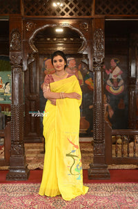 Thumbnail for Very Much Indian Authentic Handloom Pure Cotton Paithani with Traditional Peacock Pallu - Lime Yellow - Distacart