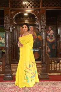Thumbnail for Very Much Indian Authentic Handloom Pure Cotton Paithani with Traditional Peacock Pallu - Lime Yellow - Distacart