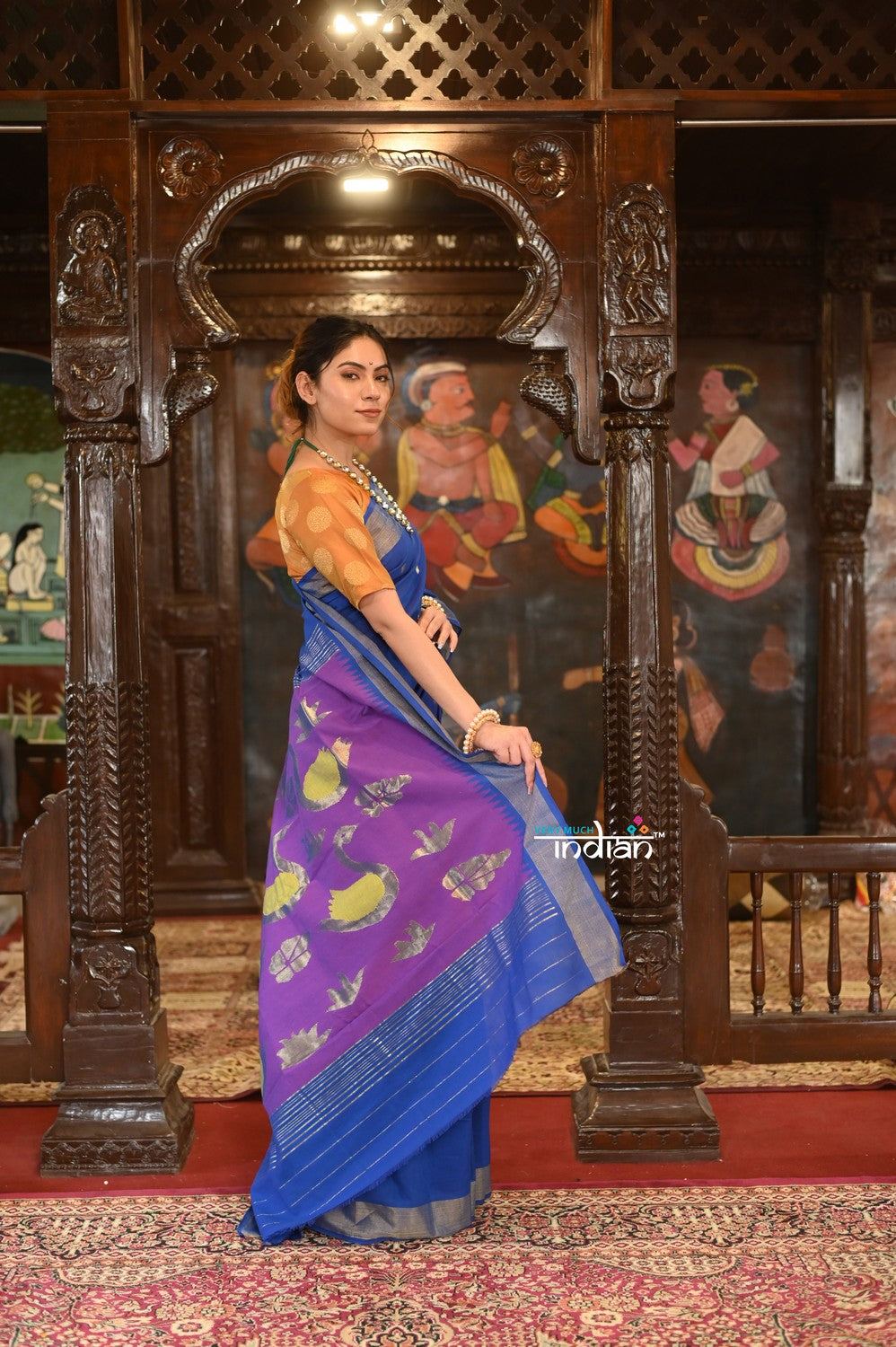 Very Much Indian Authentic Handloom Pure Cotton Paithani with Handcrafted Swan Pallu - Marine Blue - Distacart