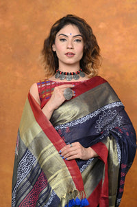 Thumbnail for Very Much Indian Designed By VMI - Handloom Pure Organic Natural Linen Saree - HandBlock Printed - Distacart