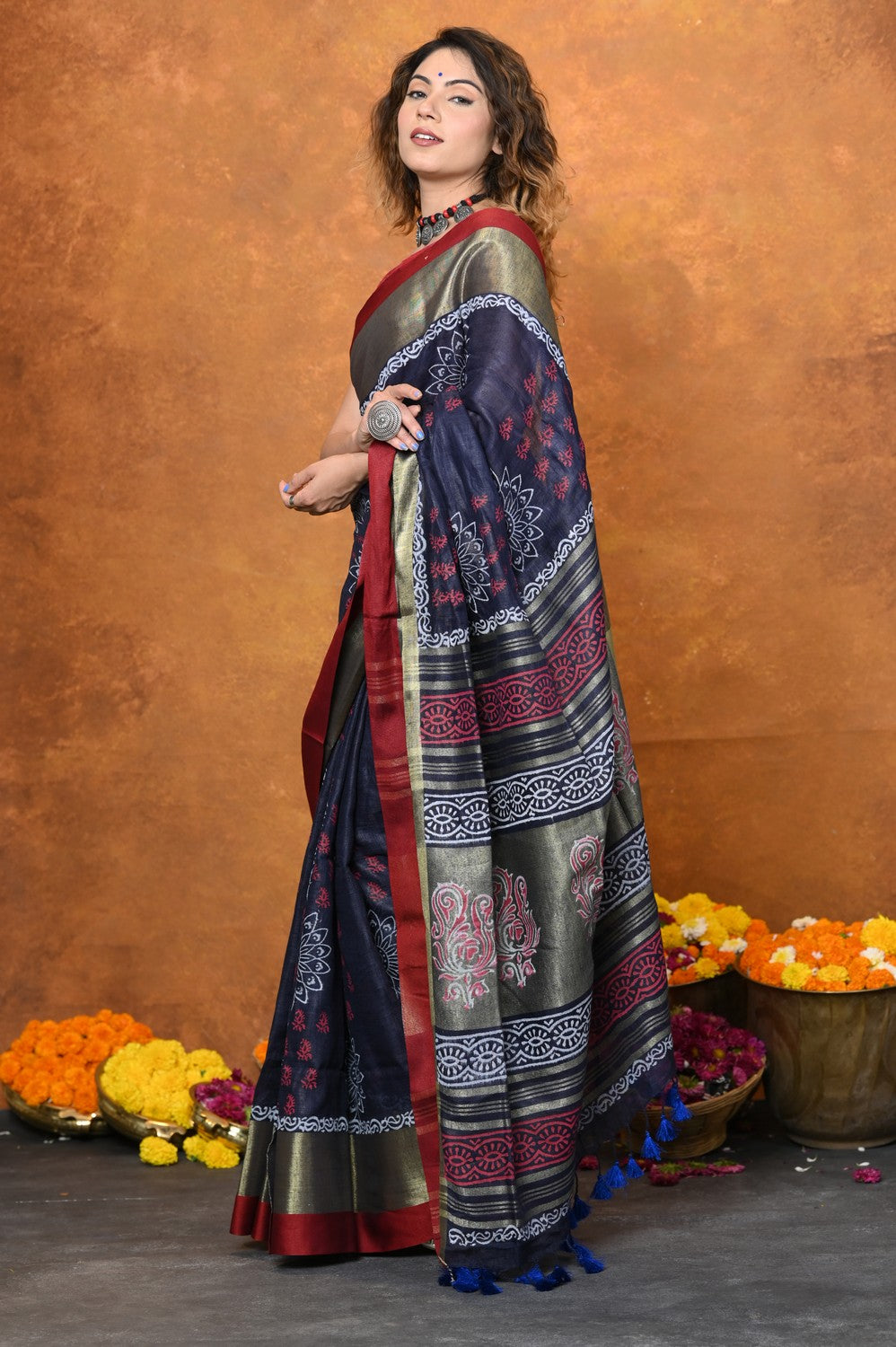 Very Much Indian Designed By VMI - Handloom Pure Organic Natural Linen Saree - HandBlock Printed - Distacart
