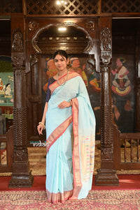 Thumbnail for Very Much Indian Authentic Handloom Pure Cotton Paithani with Handcrafted Double Pallu - Powder Blue and Red Border - Distacart
