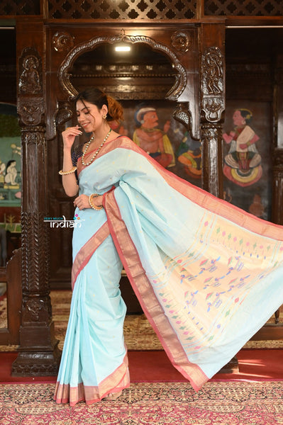 Very Much Indian Authentic Handloom Pure Cotton Paithani with Handcrafted Double Pallu - Powder Blue and Red Border - Distacart