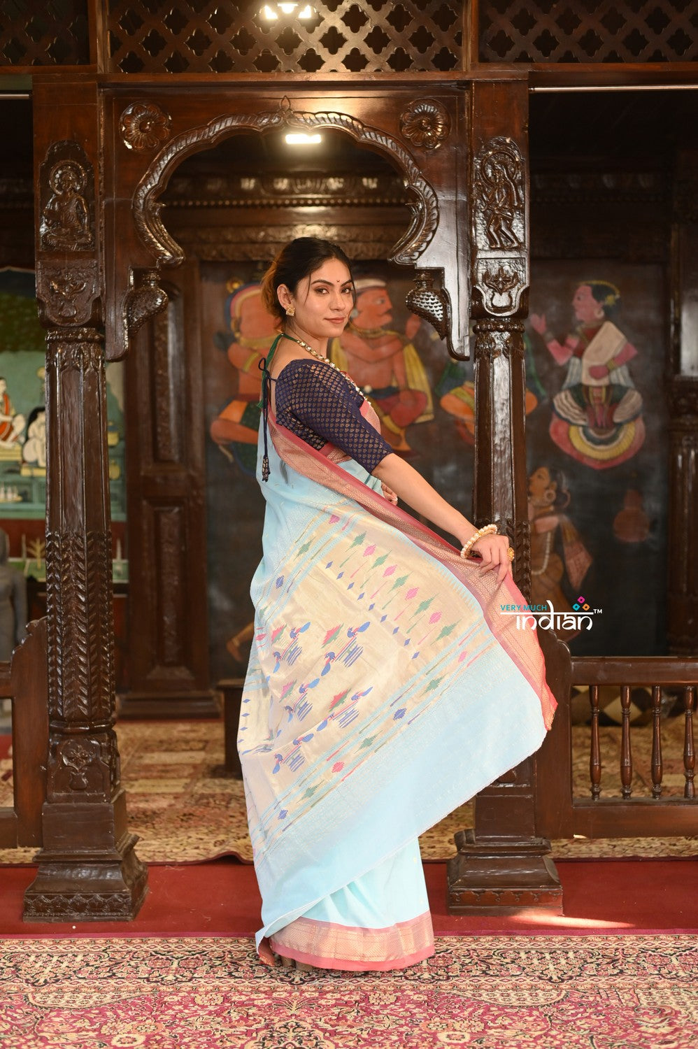 Very Much Indian Authentic Handloom Pure Cotton Paithani with Handcrafted Double Pallu - Powder Blue and Red Border - Distacart