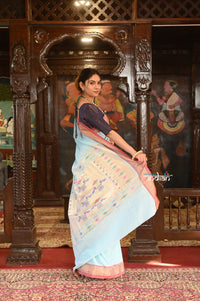Thumbnail for Very Much Indian Authentic Handloom Pure Cotton Paithani with Handcrafted Double Pallu - Powder Blue and Red Border - Distacart
