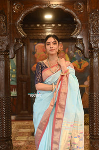 Thumbnail for Very Much Indian Authentic Handloom Pure Cotton Paithani with Handcrafted Double Pallu - Powder Blue and Red Border - Distacart