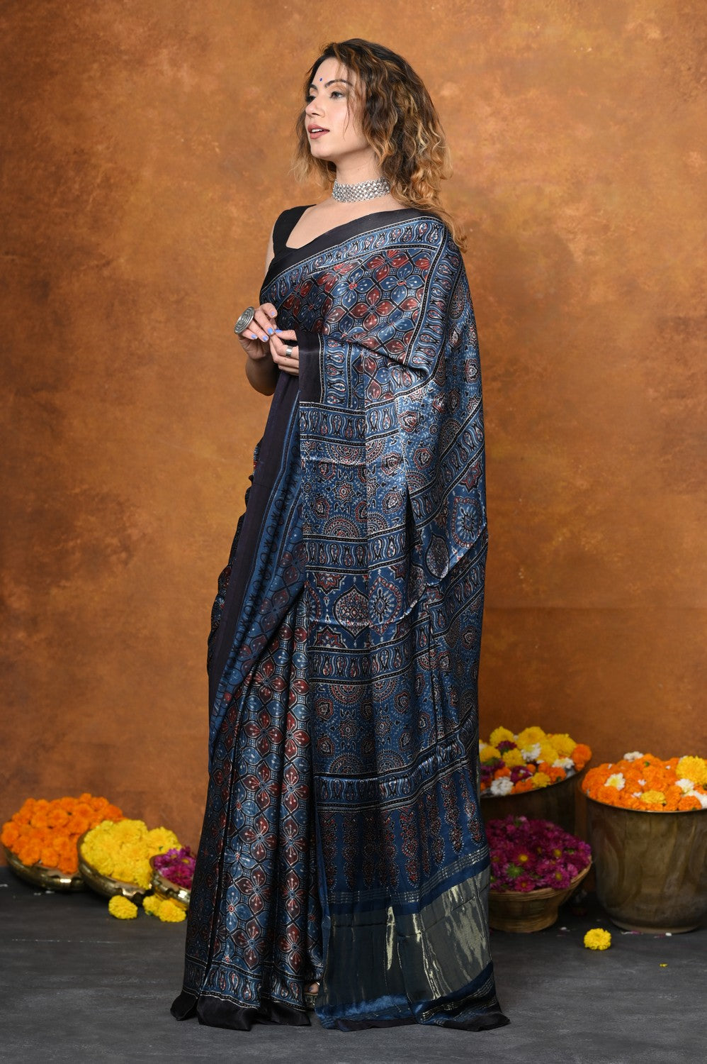 Very Much Indian Handloom Modal Silk Saree With Ajrakh Handblock Print With Eco-Friendly Vegetable Dye - Blue - Distacart