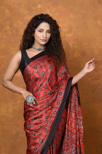Thumbnail for Very Much Indian Handloom Modal Silk Saree With Ajrakh Handblock Print With Eco-Friendly Vegetable Dye - Red - Distacart