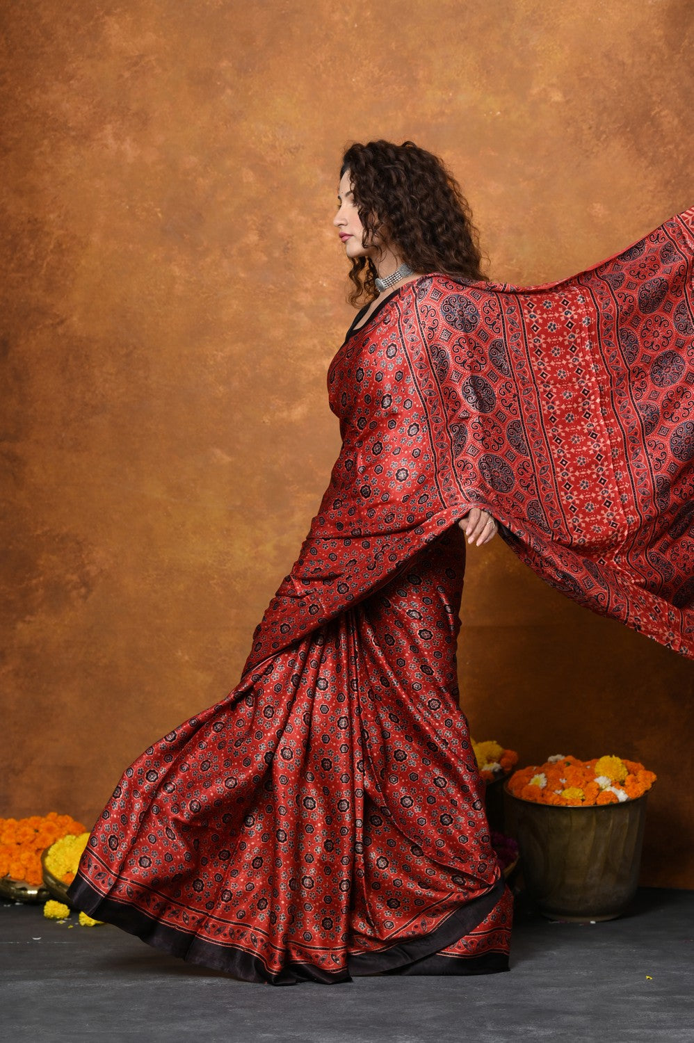 Very Much Indian Handloom Modal Silk Saree With Ajrakh Handblock Print With Eco-Friendly Vegetable Dye - Red - Distacart