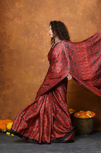 Thumbnail for Very Much Indian Handloom Modal Silk Saree With Ajrakh Handblock Print With Eco-Friendly Vegetable Dye - Red - Distacart