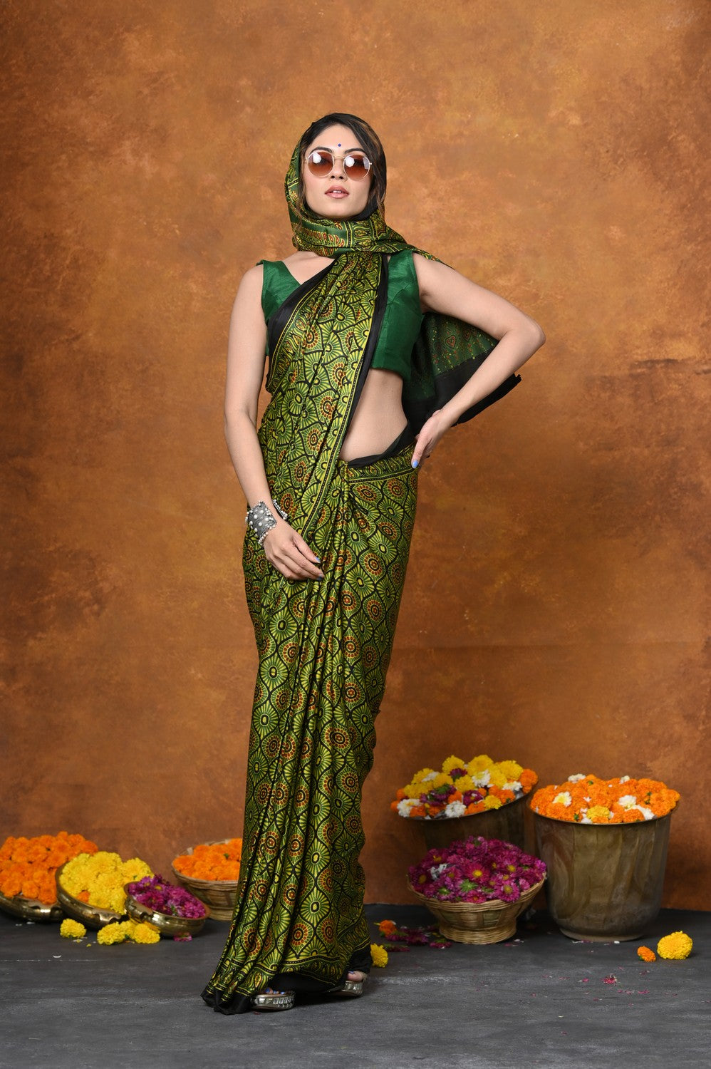 Very Much Indian Handloom Modal Silk Saree With Ajrakh Handblock Print With Eco-Friendly Vegetable Dye - Green - Distacart