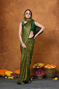 Thumbnail for Very Much Indian Handloom Modal Silk Saree With Ajrakh Handblock Print With Eco-Friendly Vegetable Dye - Green - Distacart