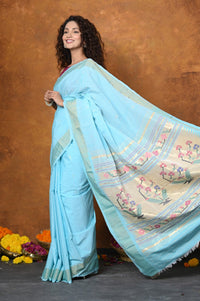 Thumbnail for Very Much Indian EXCLUSIVE! Handloom Pure Cotton Paithani With Asawali Pallu - Sky Blue - Distacart